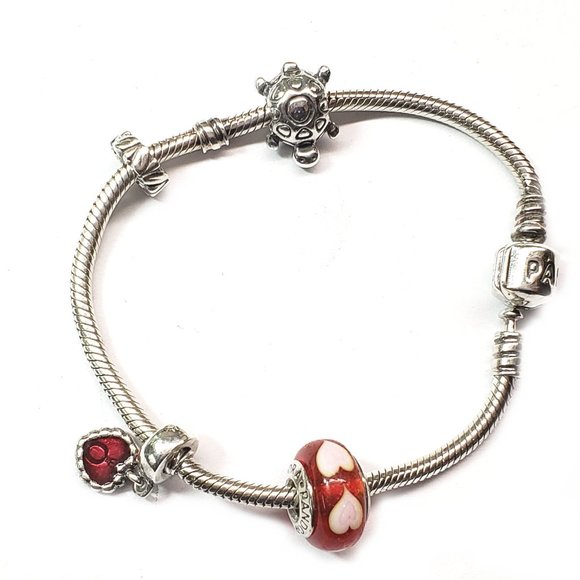 Pandora Snake Chain Bracelet w/ 3 Charms in Silver - Picture 2 of 4